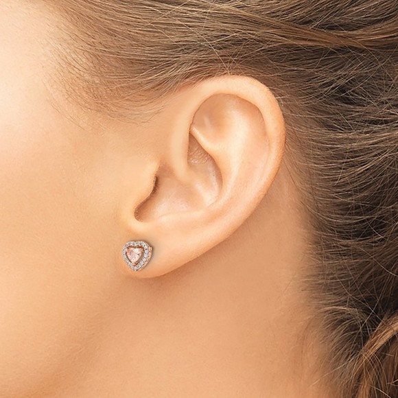 925 Sterling Silver Rose-tone Polished Pink & White CZ Heart Post Earrings
